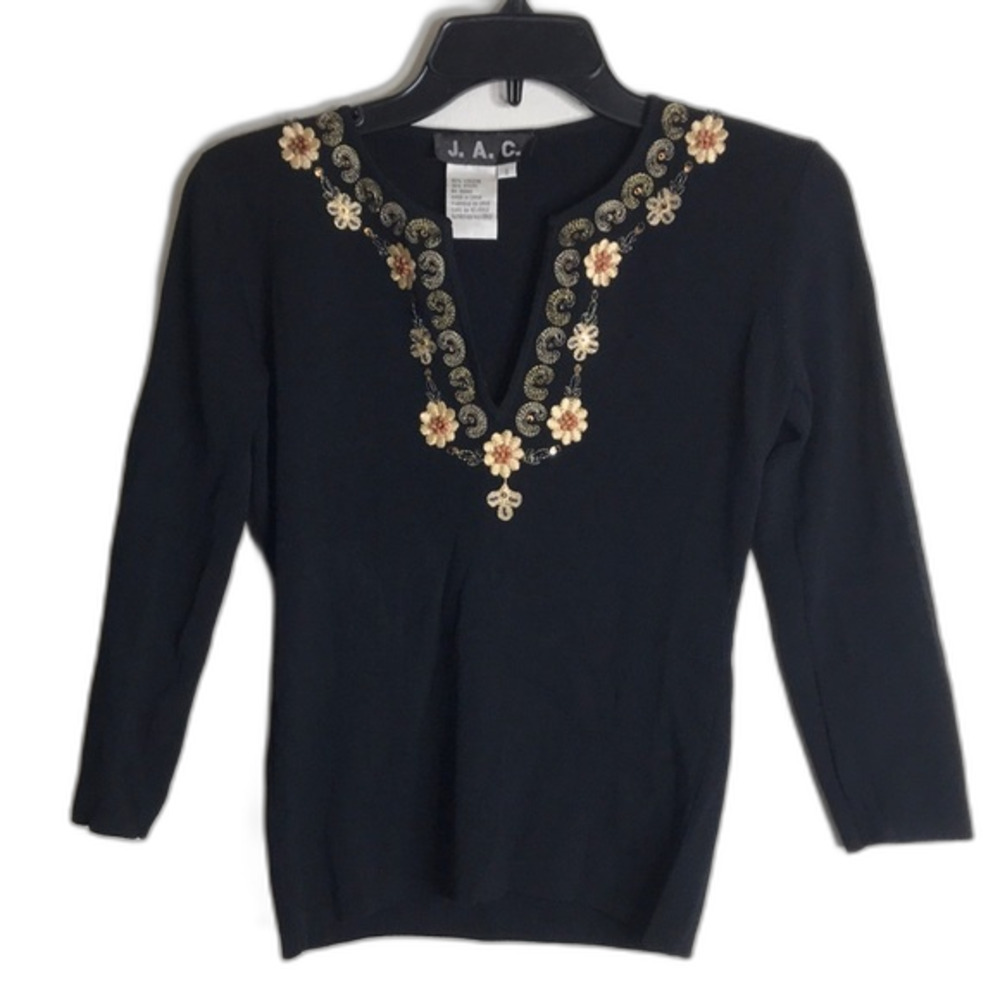 Vtg JAC black embroidered stretch‎ top size small bobo fall